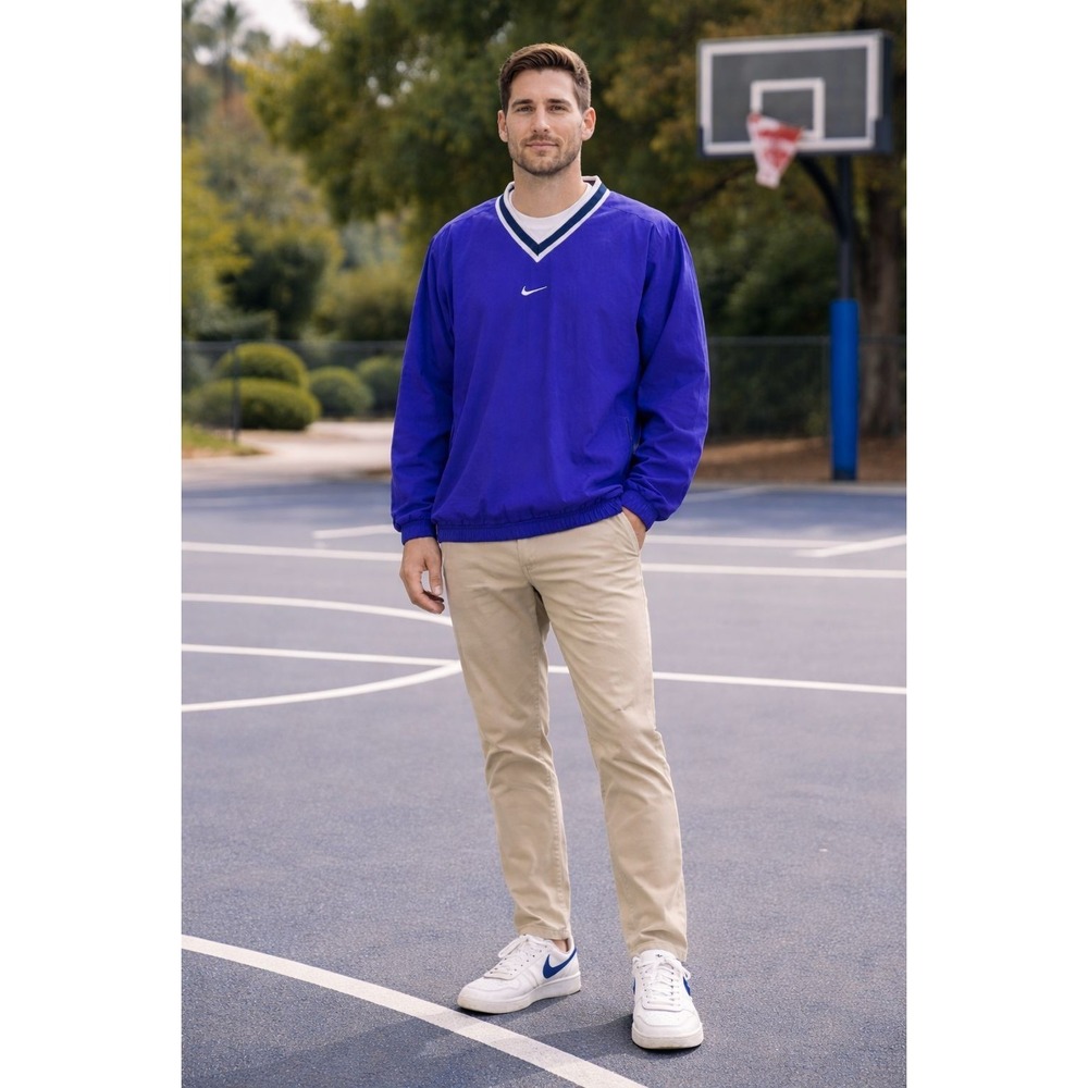 NIKE Men's Jacket MEDIUM V-Neck Windbreaker Blue‎ Pullover Swoosh Vintage Y2K